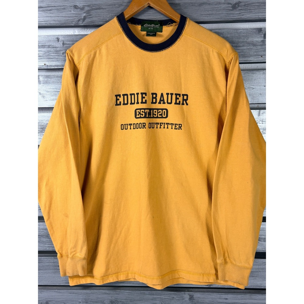 Eddie Bauer Shirt Mens Yellow Ringer Long Sleeve Graphic Rugby Size M